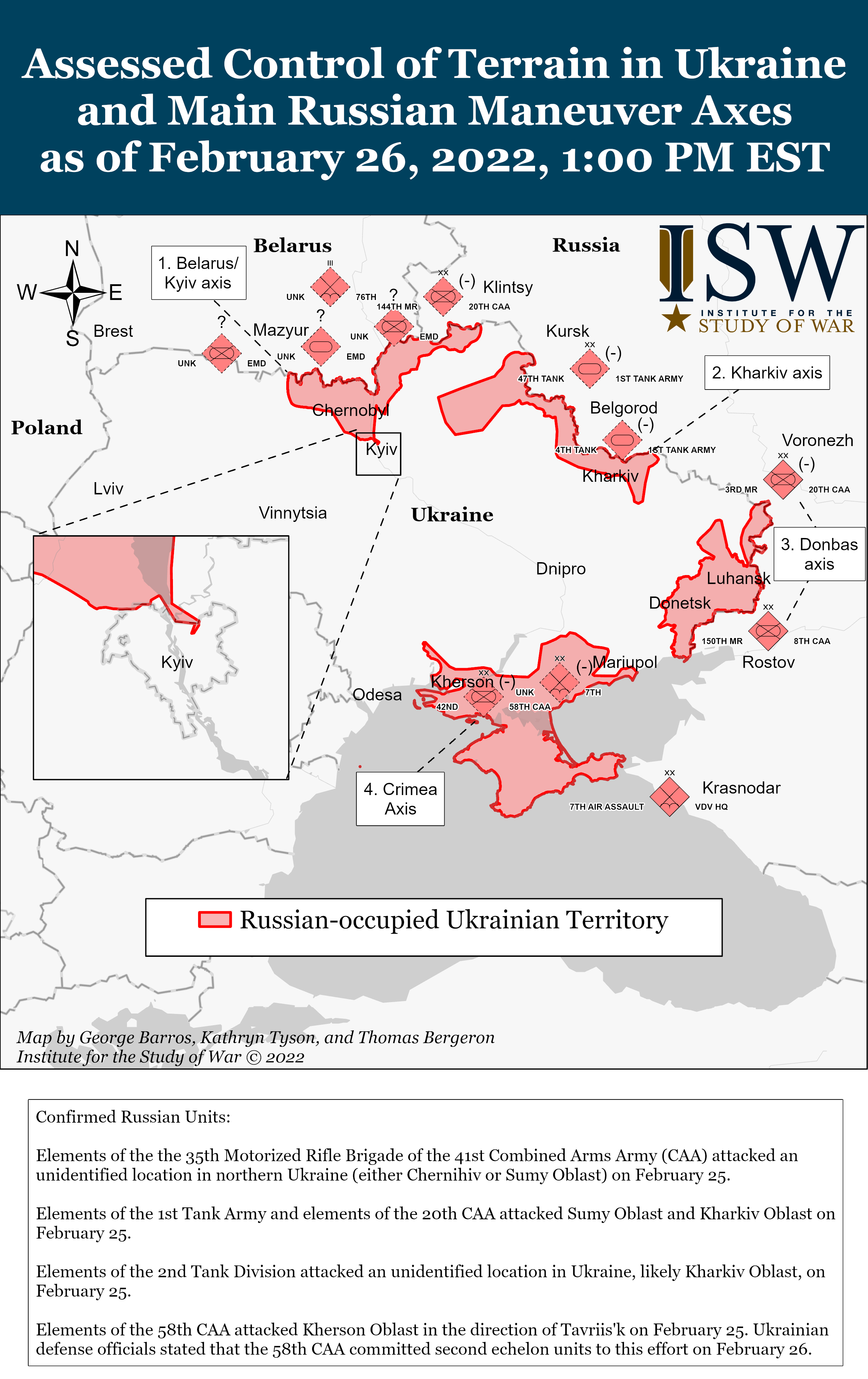 ISW Assessed Control of Terrain in Ukraine and Main Russian Maneuver Axes, 2022.2.26