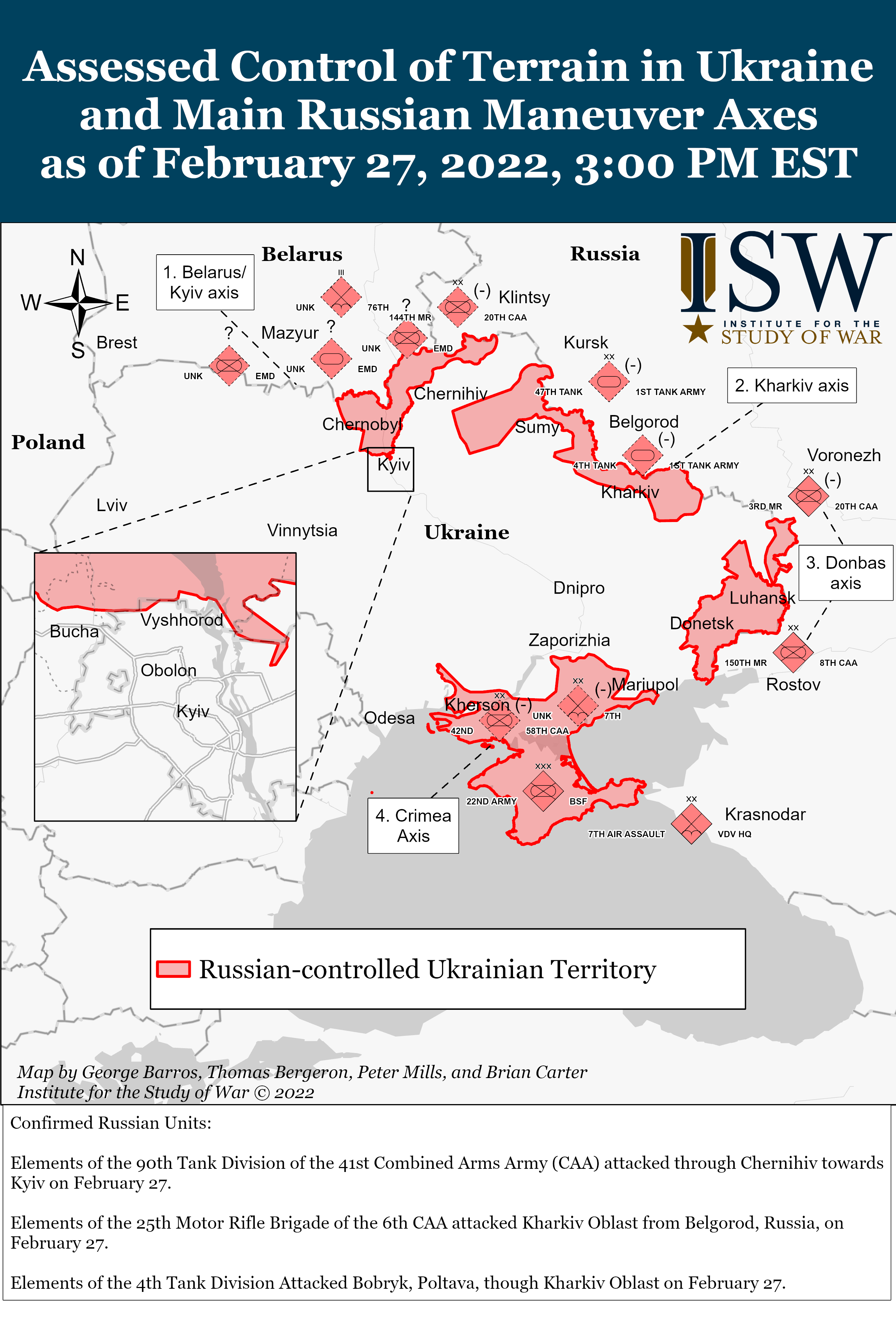 ISW Assessed Control of Terrain in Ukraine and Main Russian Maneuver Axes, 2022.2.27