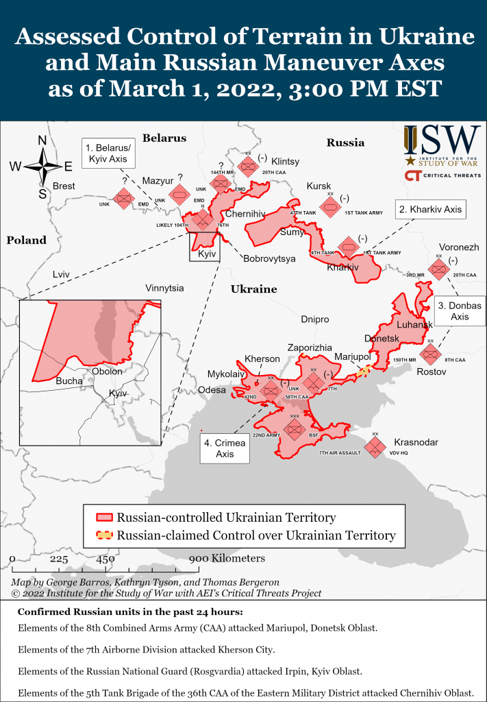 ISW Assessed Control of Terrain in Ukraine and Main Russian Maneuver Axes, 2022.3.1